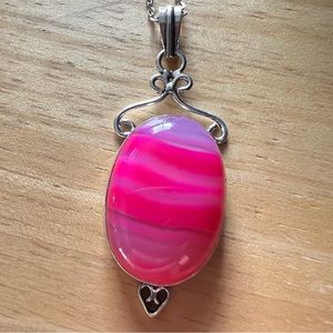 New Pink Agate Stone Silver Overlay Pendant